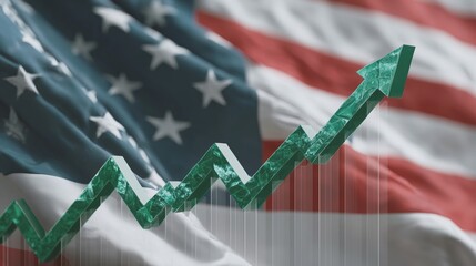 American economic growth with an upward arrow and a growing positive graph against the background of the USA flag.
