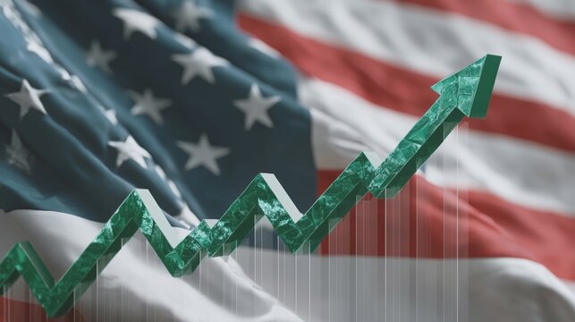 American economic growth with an upward arrow and a growing positive graph against the background of the USA flag. - Powered by Adobe