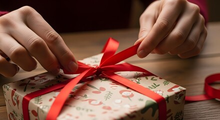 Person's Hands Tying a Festive Red Ribbon on a Gift Box for Holiday Celebrations and Present Wrapping