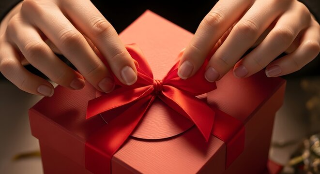 Hands tying a red ribbon on a gift box, creating a beautiful bow for a special occasion
