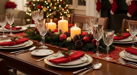 An elegantly set dining table adorned with festive Christmas decorations, glowing candles, and exquisite place settings, prepared for a warm and joyous holiday dinner celebration