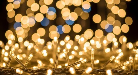 Warm golden festive lights illuminating a blurred background, creating an enchanting bokeh effect perfect for holiday celebrations, events, or a magical abstract design