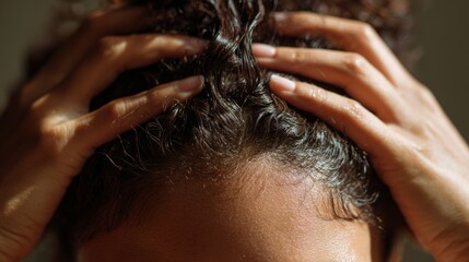 Close-up view of a person massaging their scalp while relaxing indoors, showcasing textured hair in gentle light