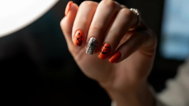 Hand with orange and white Halloween nail art pumpkins, bats, spiderweb. Dark background