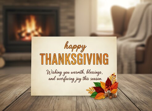 Happy Thanksgiving Card on Wood Table with Fireplace and Cozy Chair