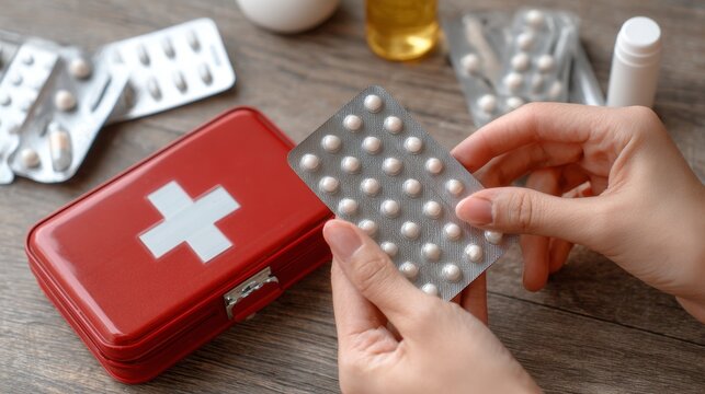 Hands holding a blister pack of pills in front of a red first aid kit on a wooden surface
