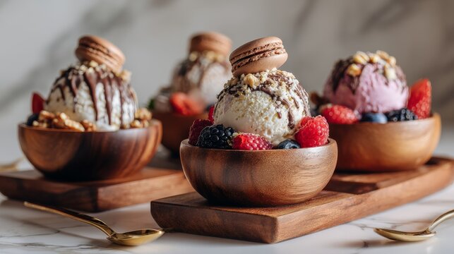 Delicious ice cream sundaes adorned with fruits and chocolate in elegant wooden bowls