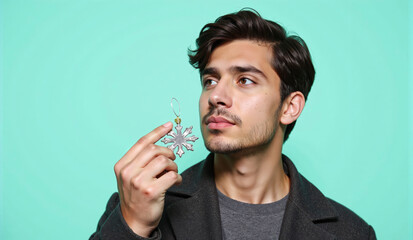 A man examines a delicate ice crystal while appreciating intricate patterns formed by winter temperatures