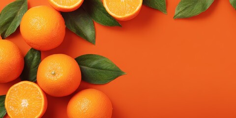 Bright oranges and green leaves arranged artistically on a vibrant orange surface for a fresh and appetizing display