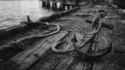 Obraz premium BW anchor with rope sits on worn, weathered wooden pier by calm water
