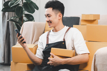 Startup small business owner packing boxes for online customer delivery. Entrepreneur managing e-commerce orders, shipping parcels, and running home-based business operations from home office.