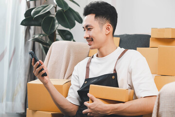Startup small business owner packing boxes for online customer delivery. Entrepreneur managing e-commerce orders, shipping parcels, and running home-based business operations from home office.