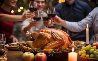 Friends Toasting with Wine Glasses Over Roasted Turkey Dinner