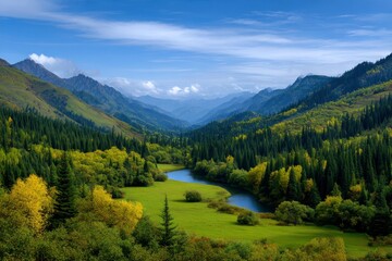 A valley view with a winding river forested hills and distant mountains under a blue sky with scattered clouds