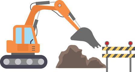 Excavator Digging Dirt Pile with Construction Barrier