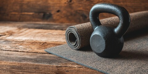 Fitness equipment on rustic wooden surface with kettlebell and workout mat suggesting gym activity at home