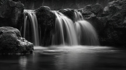 A tranquil black and white waterfall