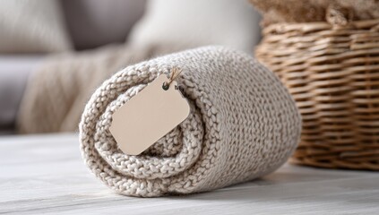 Rolled knit blanket with tag on wood surface
