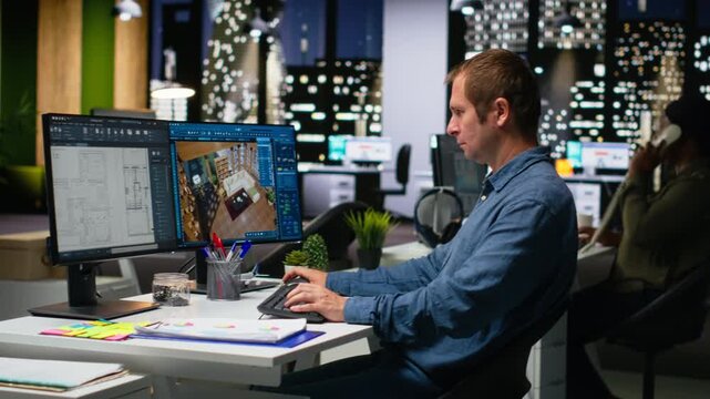 Male employee creates 3D render of an apartment interior using blueprints and architectural software. Computer aided tools and models to allow customization of flooring and layout. Camera B.