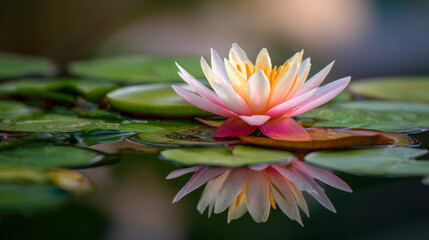 Water lily floating on pond water reflecting