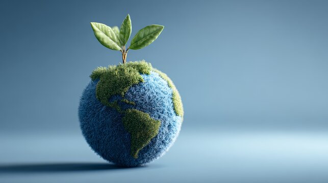 Concept of environmental sustainability with green plant growing on a textured earth model