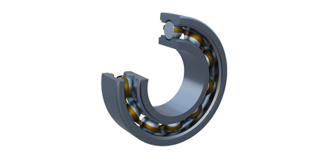 Close up view of a deep groove ball bearing cross-section revealing internal elements namely inner race, outer race, cage and ball elements.