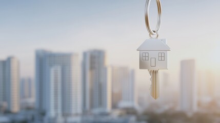 House Key Hanging in Front of Cityscape. Real estate purchase concept.