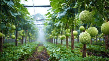 Cantaloupe fruits are growing in a long greenhouse with lush foliage and hazy air
