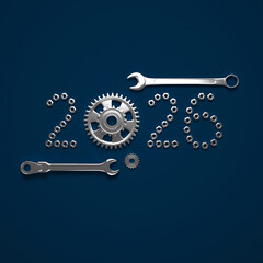 Creative 2026 New Year design template with nut bolts and wrenches. 3D render illustration on a construction, engineering and maintenance theme.