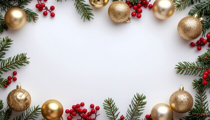 Festive frame with green fir branches, golden ornaments, and red berries on a white background, perfect for holiday greetings and winter designs