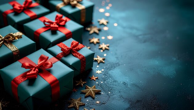 Elegant Christmas presents wrapped in blue paper with red ribbons, set against a dark background with sparkling gold stars and copy space