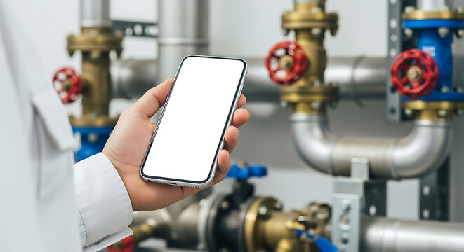 Man in lab coat holds a blank screen smartphone in front of industrial pipes and valves.