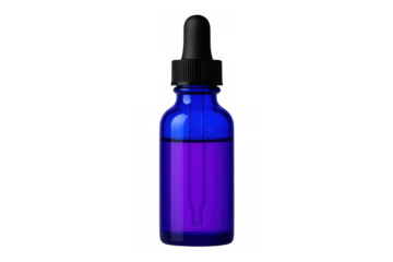 Blue glass dropper bottle with a black cap, filled with purple liquid, isolated on a transparent background