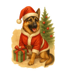 German Shepherd Wearing Santa Costume with Christmas Tree