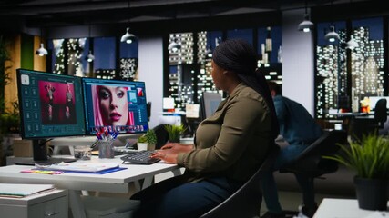 Graphic designer using AI chatbot turning text prompt into photos and retouching, ensure original content for clients. Creative woman using machine learning for photographer portfolio. Camera A. - Powered by Adobe