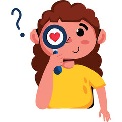 Curious young girl with curly brown hair looks through a magnifying glass at a red heart symbol with a question mark floating behind her head in a yellow t-shirt with a transparent background