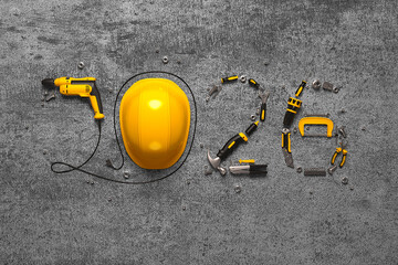 Creative 2026 New Year design template on engineering, construction, interior finishing, repair and maintenance theme. 3d render illustration for a greeting card, calendar or banner.