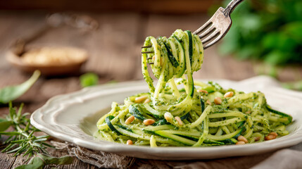 Zucchini pesto noodles with pine nuts on fork