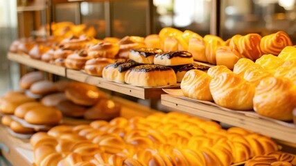 Assorted pastries on bakery shelves, with warm tones