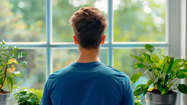 Serene Contemplation: A man gazes out a window, plants flanking him, offering a moment of quiet reflection and connection with nature, capturing tranquility and introspection.