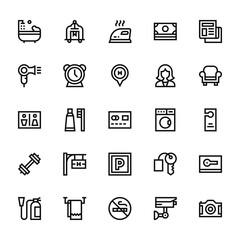 25 set of outline web hotel icons such as cart, hair dryer, wc, dumbbell, fire extinguisher vector thin icons for report, presentation, diagram, web design, mobile app