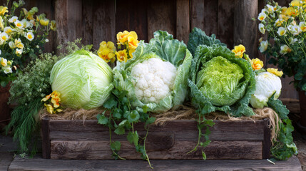 Fresh garden harvest displaying organic brassica vegetables in crate