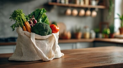 Fresh vegetables in a reusable bag on a kitchen countertop during a sunny afternoon