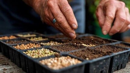 Medium shot of hands carefully planting seeds into tray compartments illustrating precision and care in traditional seed starting techniques.