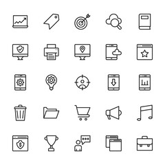 25 set of outline web seo and marketing icons such as label, computer monitor, app, delete, business vector thin icons for report, presentation, diagram, web design, mobile app