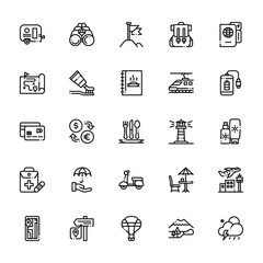 25 set of outline web travel icons such as binoculars, map, credit card, first aid kit, navigation vector thin icons for report, presentation, diagram, web design, mobile app