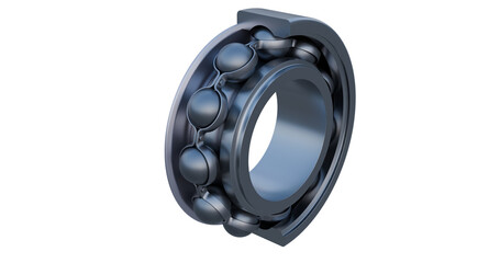 Close up view of a deep groove ball bearing cross-section revealing internal elements namely inner race, outer race, cage and ball elements.