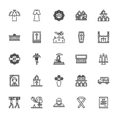 25 set of outline web funeral icons such as black dress, coffin, wreath, photo, people vector thin icons for report, presentation, diagram, web design, mobile app
