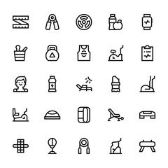 25 set of outline web gym icons such as grippers, sauna, trainer, stationary bike, abdominal vector thin icons for report, presentation, diagram, web design, mobile app