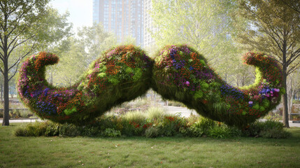Moustache shaped topiary sculpture with colorful flowers in park